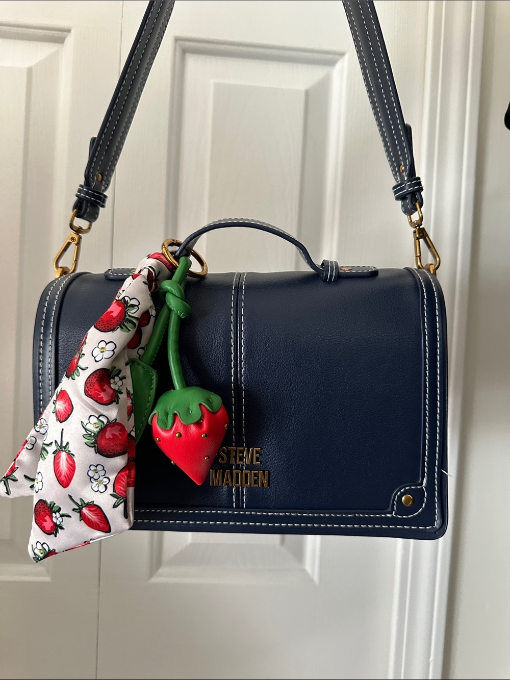 Steve Madden Navy Crossbody Satchel with Strawberry Charm
